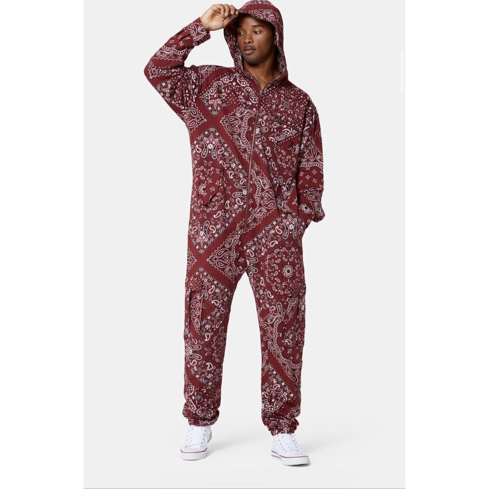 OnePiece Onesie Cargo Baggy Maroon Paisley Jumpsuit Romper One Piece Men's XS